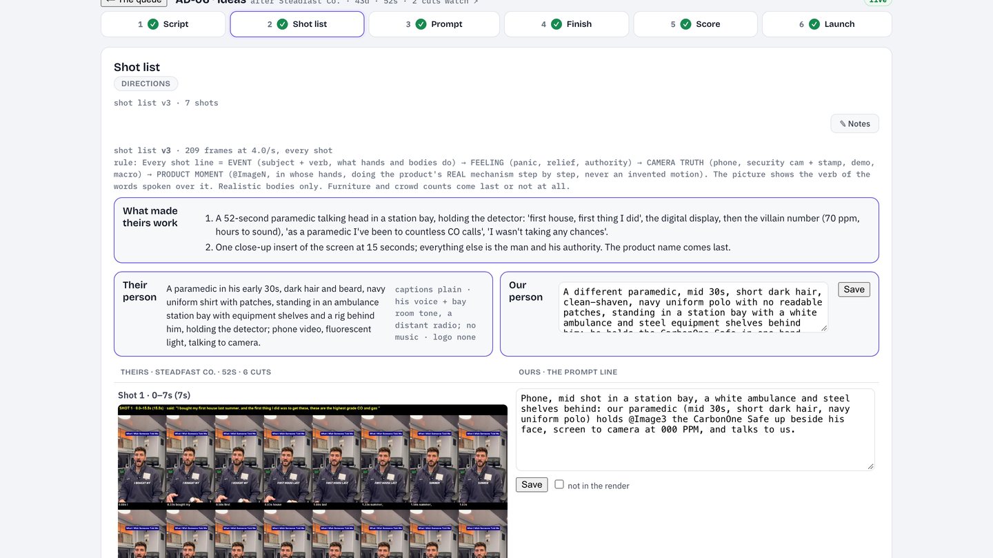 Their ad frame by frame on the left, the rebuilt shot list on the right